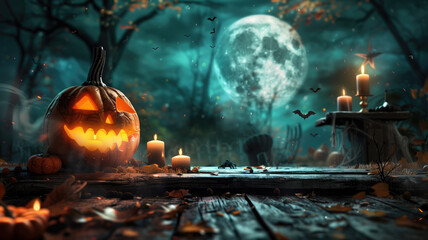 halloween pumpkin head jack lantern with burning candles spooky forest with a full moon and wooden table pumpkins in graveyard in the spooky night halloween backdrop ai generative - obrazy, fototapety, plakaty