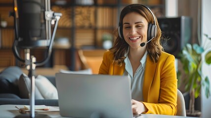 Professional woman in headset smiling during a webinar. Home office setup with microphone and laptop. Online communication and remote work concept. AI