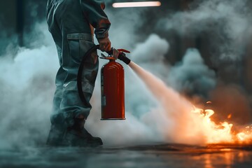 Obraz premium A person in coveralls is holding a fire extinguisher and using it to put out a fire