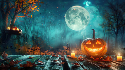 halloween pumpkin head jack lantern with burning candles spooky forest with a full moon and wooden table pumpkins in graveyard in the spooky night halloween backdrop ai generative - obrazy, fototapety, plakaty