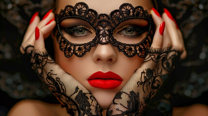 Beautiful portrait Woman with Black Lace Mask over her Eyes and hands. Red Plump Sexy Lips, Masquerade, costume party