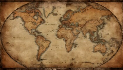 Antique Weathered World Map On Aged Parchment VI