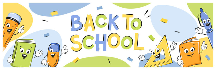 Back to school lettering. Hand drawn school funny office supplies characters. Vector illustration