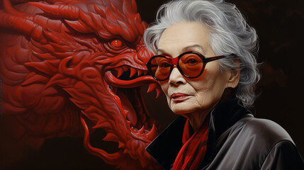 an old woman with glasses and a dragon - obrazy, fototapety, plakaty