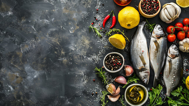 fish and ingredients on slate background with space for recipes