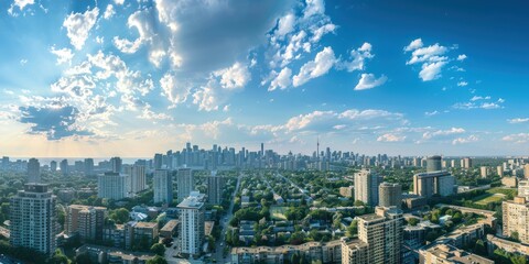 A panoramic view of a bustling city skyline with residential buildings. 