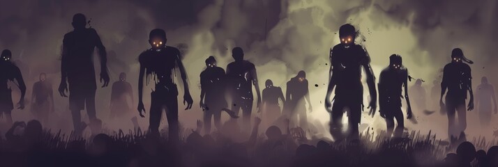 Apocalyptic Zombie Horde Illustration: Creepy Undead with Glowing Eyes - obrazy, fototapety, plakaty