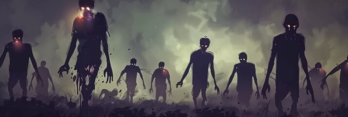 Apocalyptic Zombie Horde Illustration: Creepy Undead with Glowing Eyes - obrazy, fototapety, plakaty