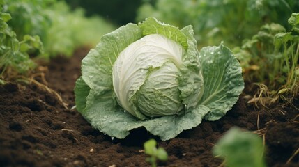 A large white cabbage is sitting on the ground in a garden - obrazy, fototapety, plakaty