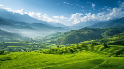 Lush Green Terraced Rice Fields in Mountain Valley