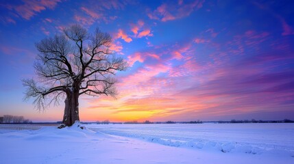 A tree stands in a field with a beautiful sunset in the background