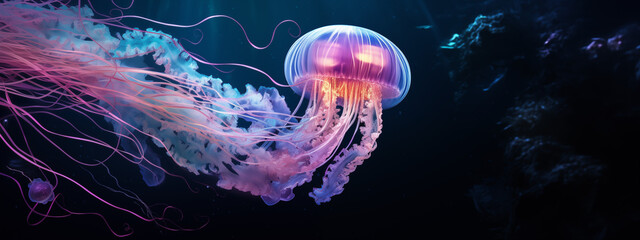 Luminous Jellyfish Gliding in the Deep Ocean - obrazy, fototapety, plakaty