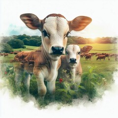 cute image of calf in the pastures and agriculture scenery
 - obrazy, fototapety, plakaty