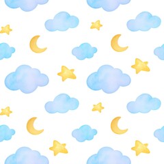 Nursery baby seamless pattern with stars, moons, clouds. Cute dreaming watercolor background. print for wall decor in children s bedroom, packaging, wrapping, fabric, textiles