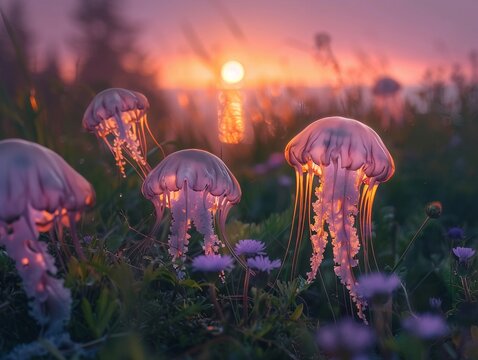 led lights colourful jellyfish flowers wide field landscape, chromatic whimsical landscape, sunset ambient