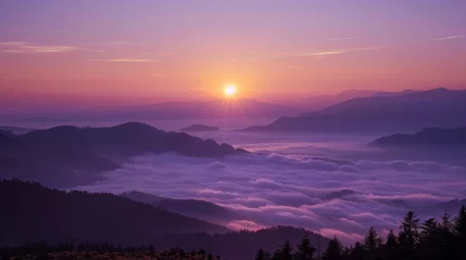 Fototapete The sun is setting over the mountains, casting a warm glow over the landscape © jiawei