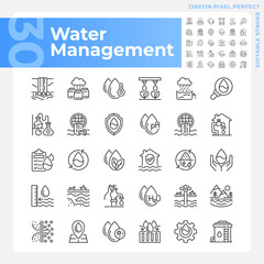 Water management linear icons set. Water industry. Groundwater. Water conservation. Customizable thin line symbols. Isolated vector outline illustrations. Editable stroke. Pixel perfect