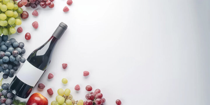 Bottle of wine with blank label surrounded by grapes and fruits on a white background. Flat lay composition with free space. Wine tasting and culinary concept. Design for wine branding. 