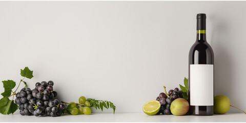 Bottle of wine with blank label surrounded by grapes and fruits on a white background. Flat lay...