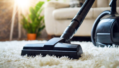 Extreme close-up and bottom view of a black vacuum cleaner on a white carpet in a living room,...