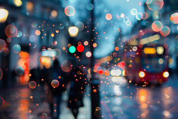 defocused shot of people on the rainy street, blurred bokeh photography of city and traffic (1) - obrazy, fototapety, plakaty