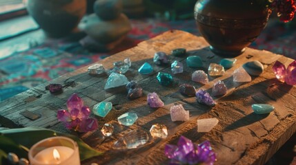 Gems Crystal healing layout on a wooden table - obrazy, fototapety, plakaty