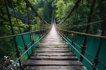 A wooden bridge spans a river with a lush green forest in the background