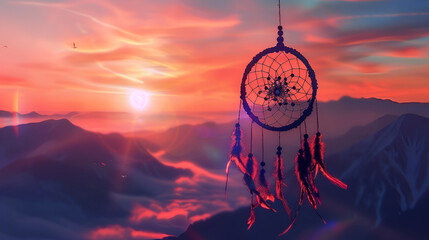 Dreamcatcher sunset , the mountains, boho chic, ethnic amulet,symbol , Dreamcatcher sunset sky,Dream catcher with feathers threads and beads rope hanging. Dreamcatcher handmade
 - obrazy, fototapety, plakaty