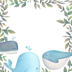 Oceanic watercolor frame border with cute whales, algae and corals. copy space background  with Underwater creature, sea animals. square Mock up for postcards, banners, baby shower cards, invitations
