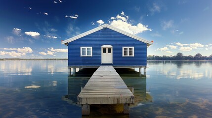 blue house with white roof and windows on the water