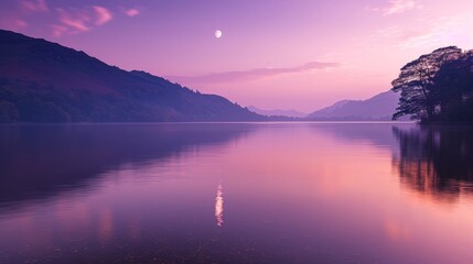 A serene twilight scene over Lake Windermere in the beautiful lake district, with a purple sky - obrazy, fototapety, plakaty