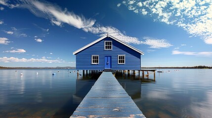 blue house with white roof and windows on the water