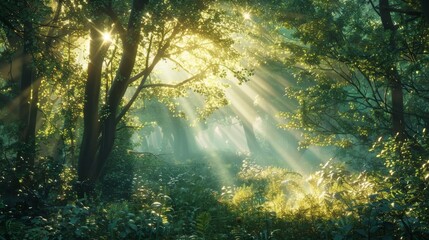 Sunlight Piercing Through Enchanted Forest Canopy - obrazy, fototapety, plakaty