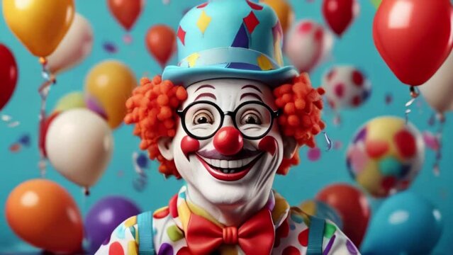 April 1, April fool's day. Crazy funny laughing clown in a cap, a toy on a spring, glasses with a nose and a smile, balloons background created with generative ai