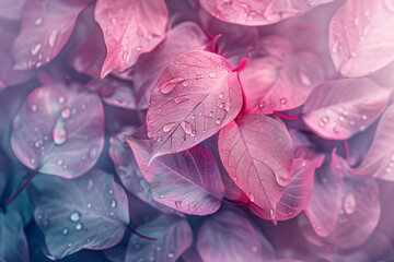 Colorful crystalline leaves abstract background with visible veins and dew drops