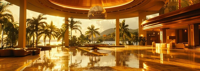 Idyllic Tropical Resort Overlooking the Ocean, Embodying Paradise and Luxury - obrazy, fototapety, plakaty