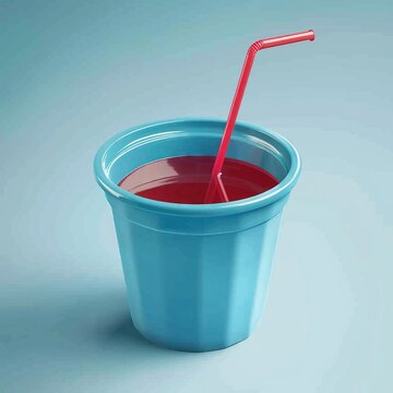 a plain blue round childrens beach bucket filled with red liquid and a drinking straw angle is from slightly above so you can see liquid background 