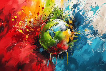 Colorful paint splashes around artistic representation of Earth planet