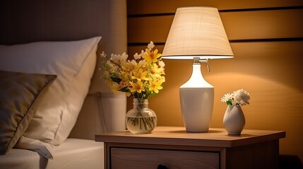 modern living room. lamp and vase with flowers on the table. 