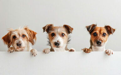 Small dogs holding white banner, light background. Copy space for advertisement or text