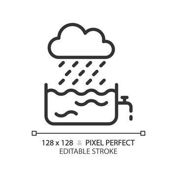 Rain water linear icon. Water collection and conservation. Sustainable living. Harvesting rainwater. Thin line illustration. Contour symbol. Vector outline drawing. Editable stroke. Pixel perfect