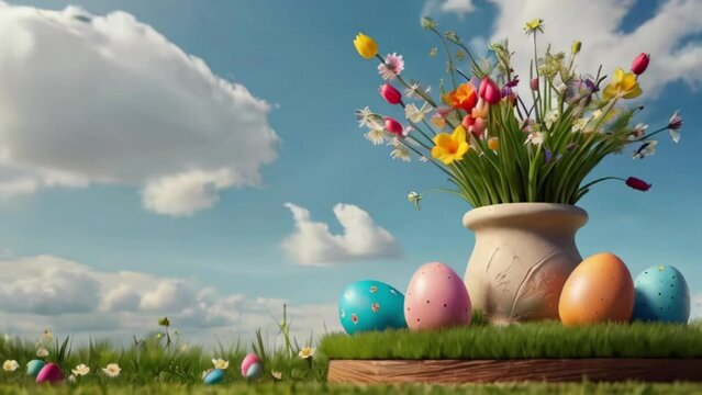easter podium with painted eggs and spring meadow, outdoor garden background cloudy sky created with generative ai