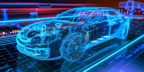 Future technology concept: Autopilot smart self drive car ride in virtual space.