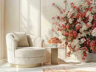Lightcolored single fashion sofa chair and round table in the flowers and plants, highgrade fresh