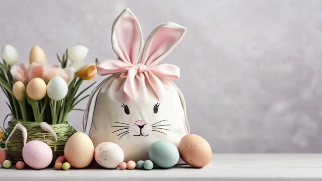 Fabric gift bag with easter bunny ears and easter eggs on white table created with generative ai	