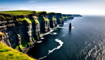 a large rock formation is in the water with a boat in the water