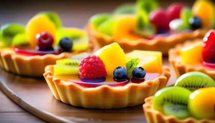 A close-up photo of a fruit tartlets with vibrant colors and a glossy finish  - obrazy, fototapety, plakaty