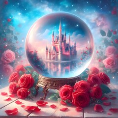 A large glass ball with a castle inside and around it were roses.
