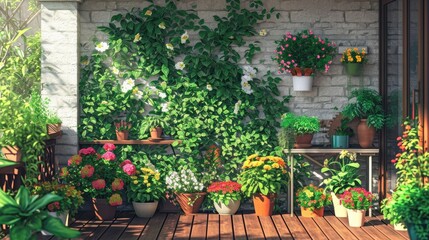 Fototapeta na wymiar Balcony garden with various potted flowers and plants digital art, urban oasis of greenery and blooms