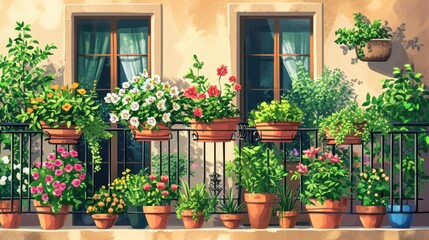 Balcony garden with various potted flowers and plants digital art, urban oasis of greenery and blooms